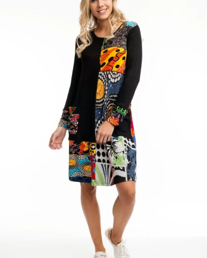 Orientique Shift Dress Black Guillaume Patch Print